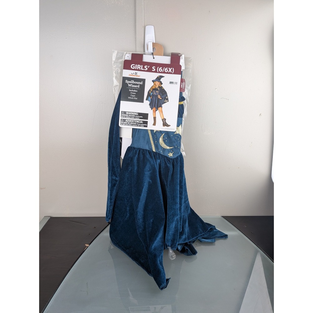 Way to Celebrate Girls Spellbound Wizard Costume 3pc Set Blue Gold Size 6/6X NIP